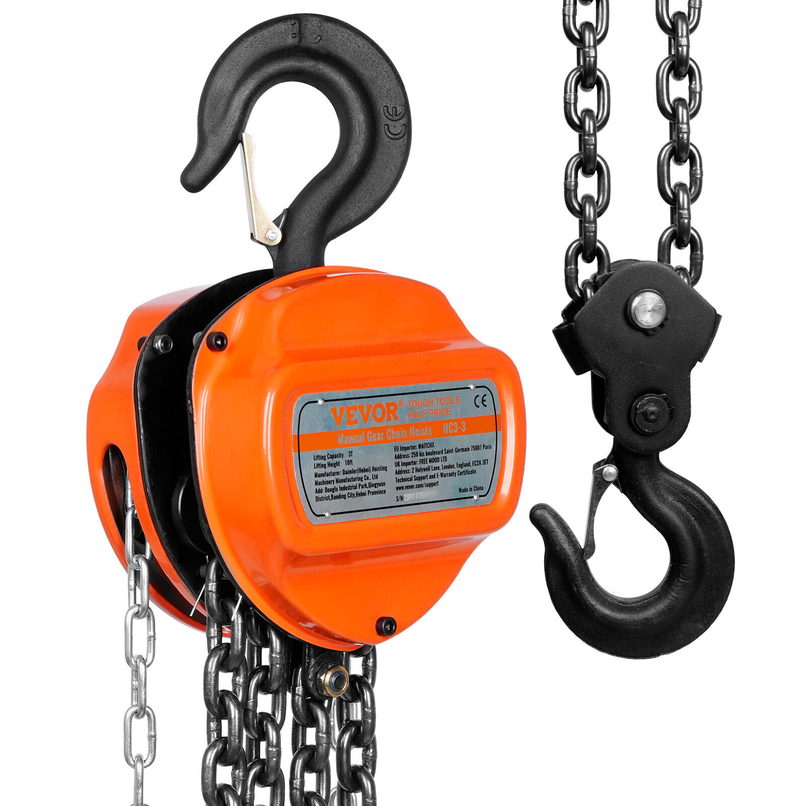 VEVOR Paranco a Catena Triangolare Manuale Carico Max.3T Forza 385N Altezza 2,8m