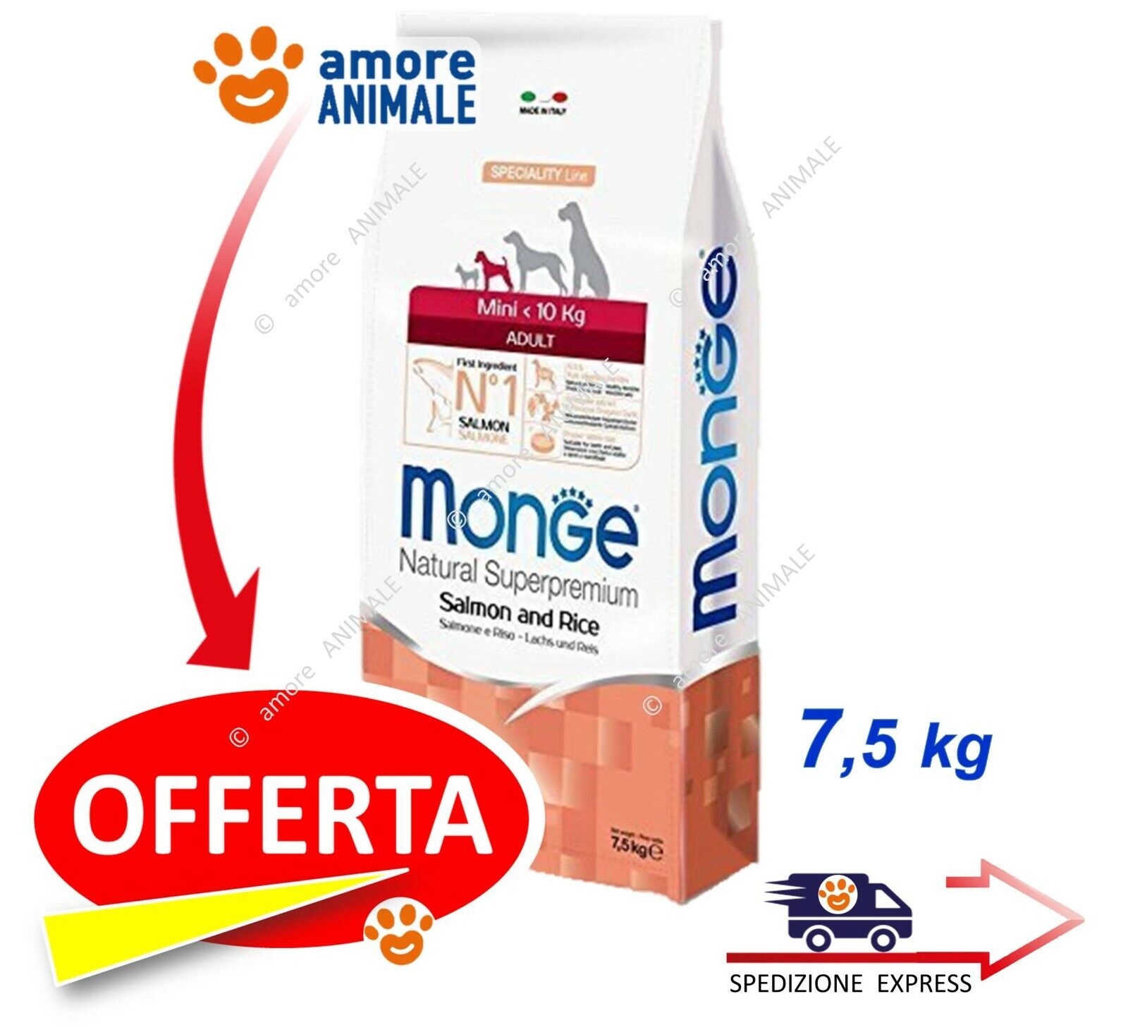 Monge Natural Superpremium Mini Adult Salmone e Riso 7,5 Kg Crocchette cane cani