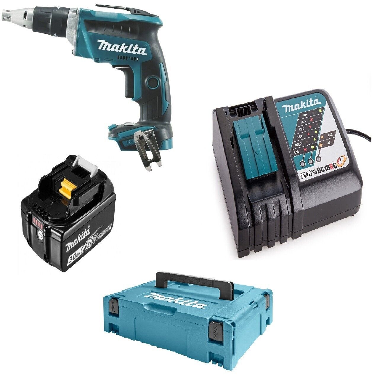 Trapano Avvitatore Percussione Cartongesso Kit Makita 18V Batteria Carica Makpac