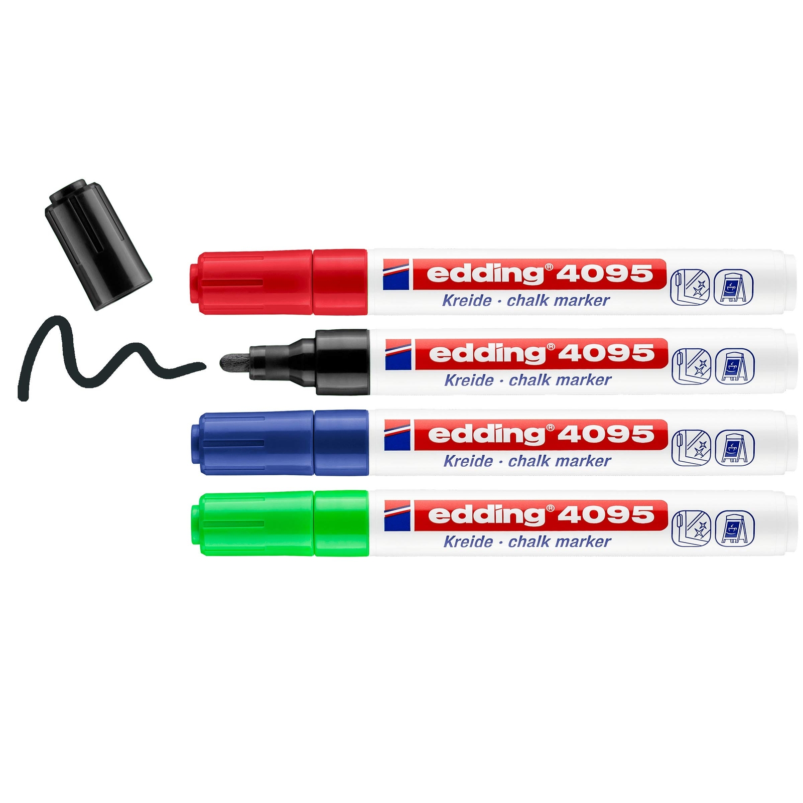 edding 4095 chalk marker pen set - black, red, blue, green - 4 chalk pens - roun