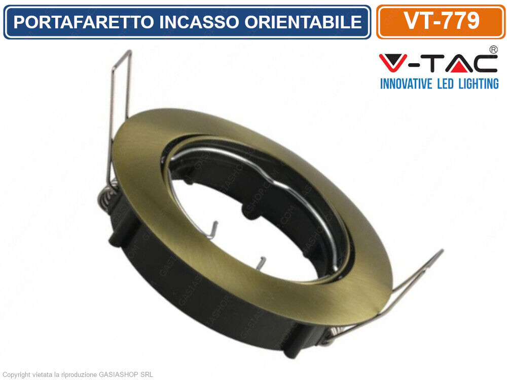 V-TAC VT-779 PORTAFARETTO ORIENTABILE ROTONDO INCASSO COLORE ORO GU10 E GU5.3