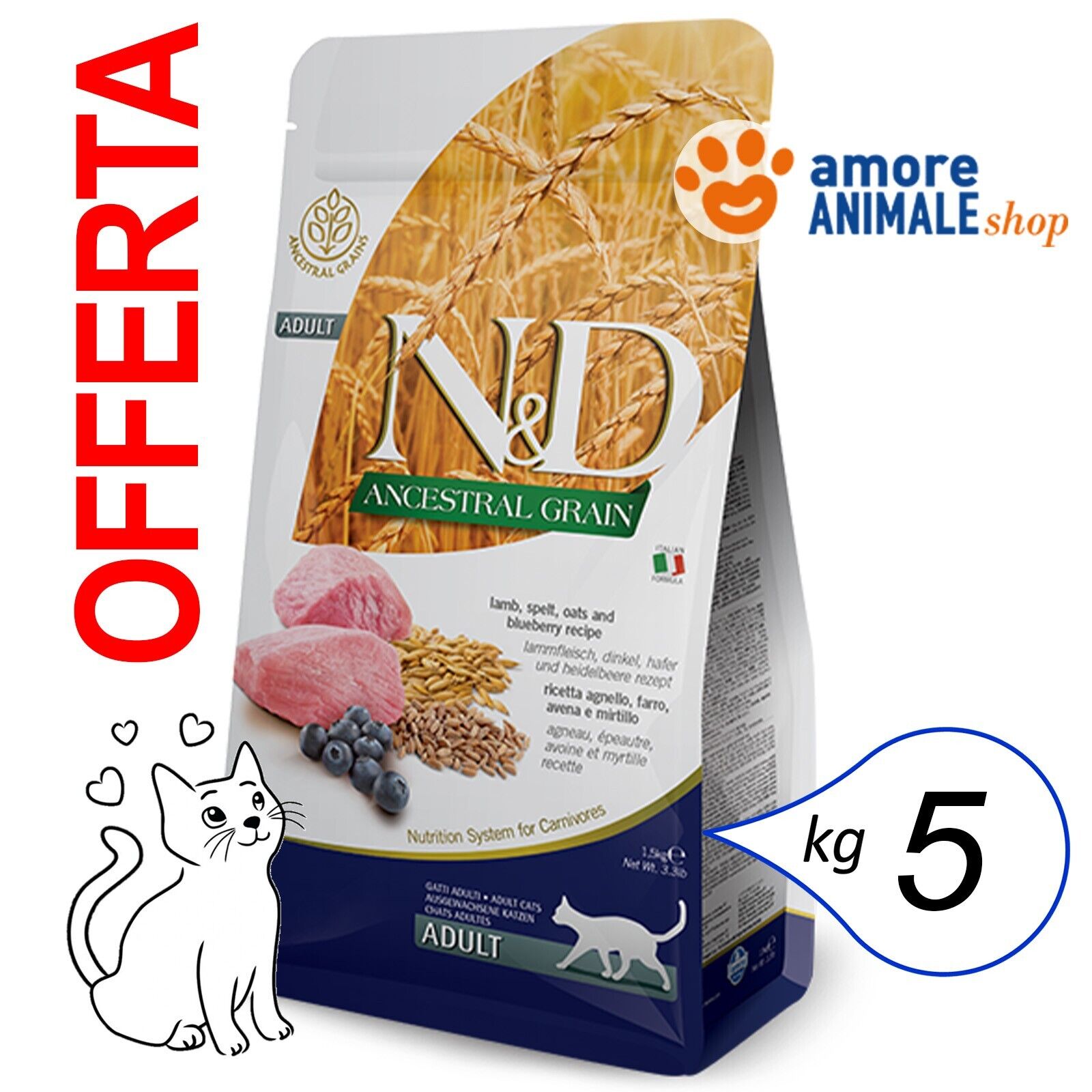 Farmina Cat N&D Ancestral Adult → Agnello e Mirtillo - 5 kg - Mangime Gatto