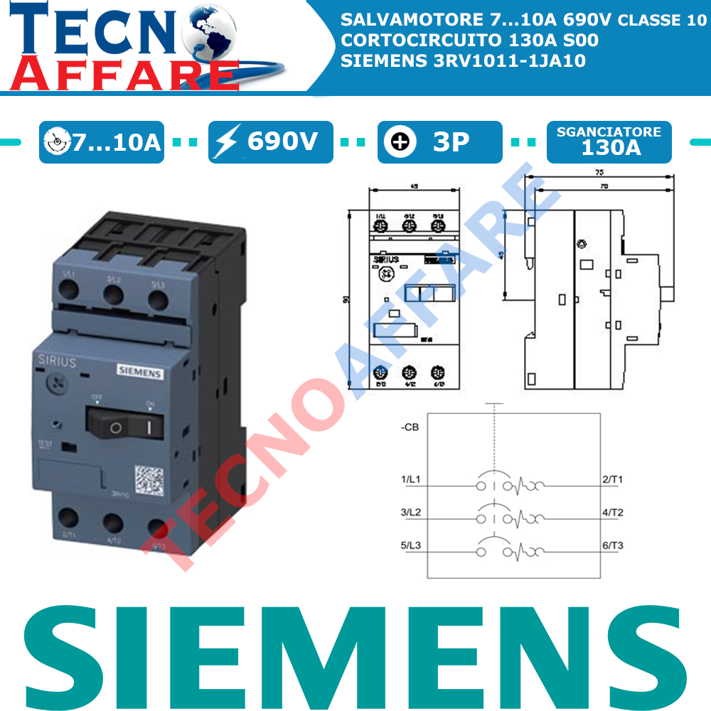 Salvamotore 7...10A Sganciatore 130A 690V 3P Interruttore Automatico Siemens