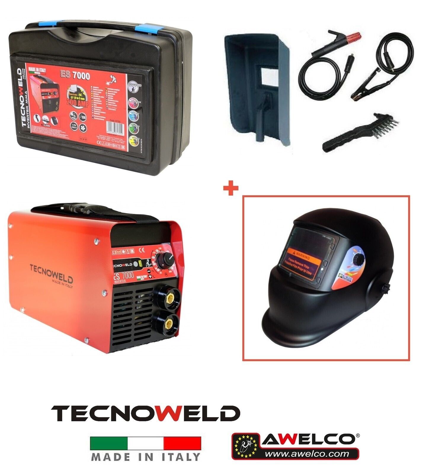TECNOWELD SALDATRICE INVERTER 200 A AMP ES 7000 + CASCO LCD VALIGETTA ACCESSORI