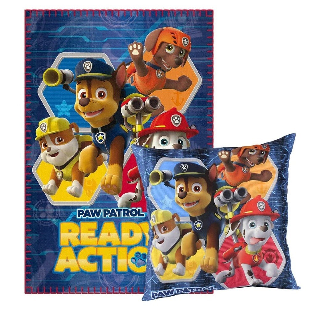 Paw Patrol Coperta Plaid 100x150cm in Polar Fleece Blanket con Cuscino 38x38cm