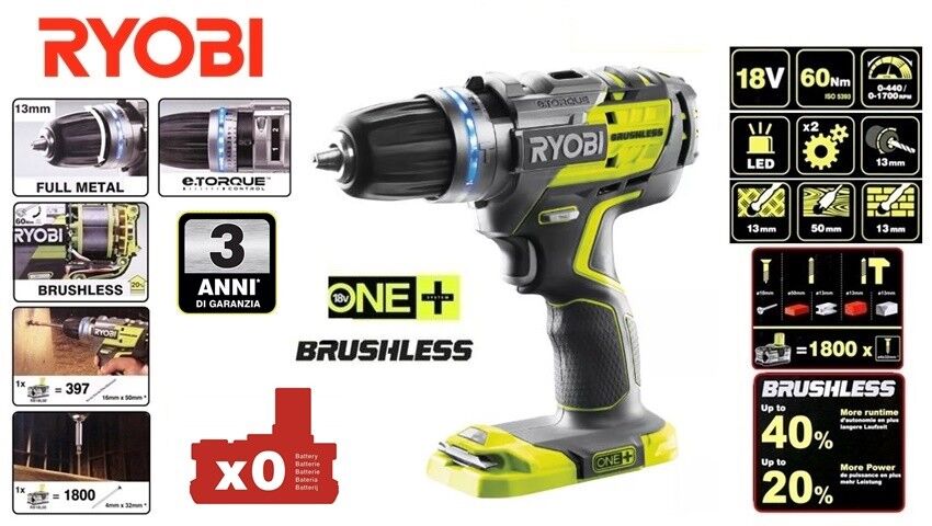 TRAPANO AVVITATORE A PERCUSSIONE BRUSHLESS 13 mm 18V 60Nm RYOBI BATTERIA ESCL.