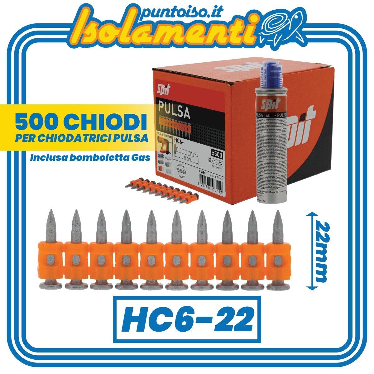 Chiodi HC6-22 Chiodatrice Spit Pulsa Cartongesso Fissaggio Guide e Profili