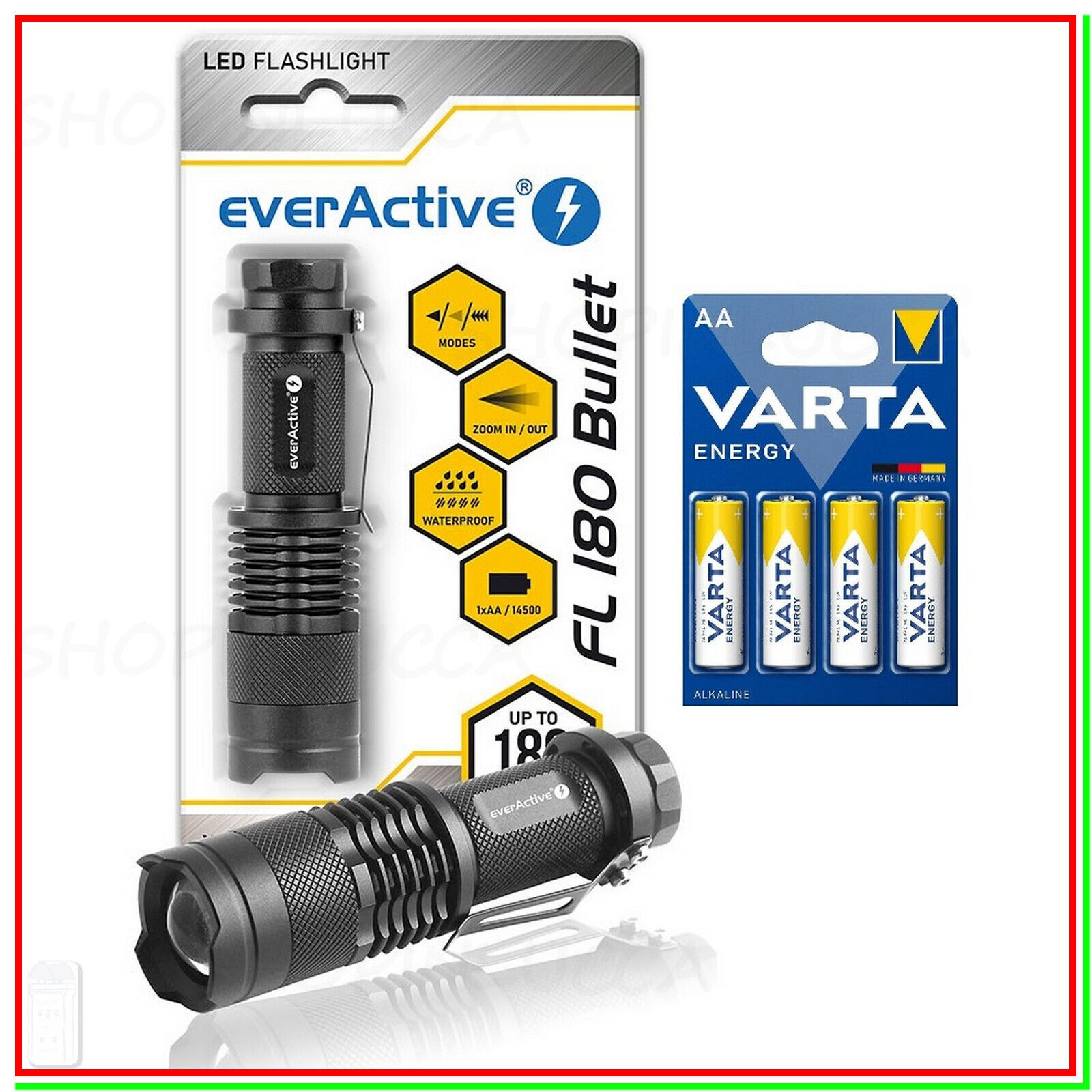 torcia mini potente in alluminio lampada luce led zoom +4 batterie pile varta AA