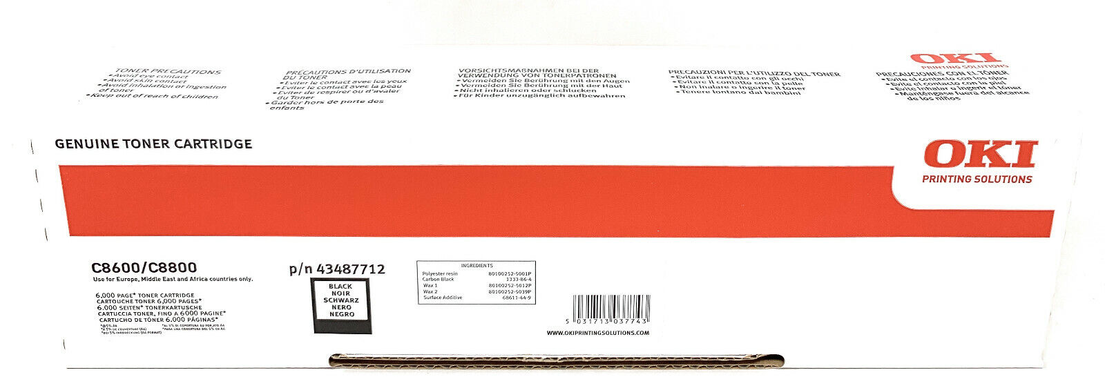 OKI 43487712 TONER ORIGINALE NERO PER C8600/C8600n/C8600dn/C8800n [A BOX]