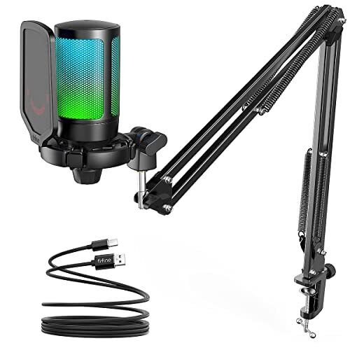 FIFINE USB Microfono Kit per PC Gaming PS5, RGB Microfono a Condensatore (P1K)