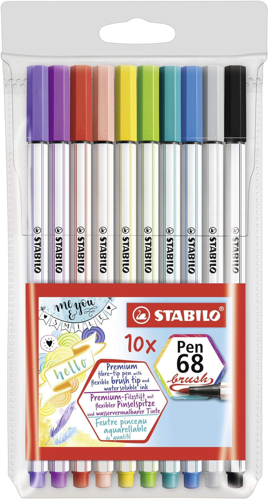 Premium Fibre-Tip Pen - STABILO Pen 68 brush - Wallet of 10 - Assorted Colours 1