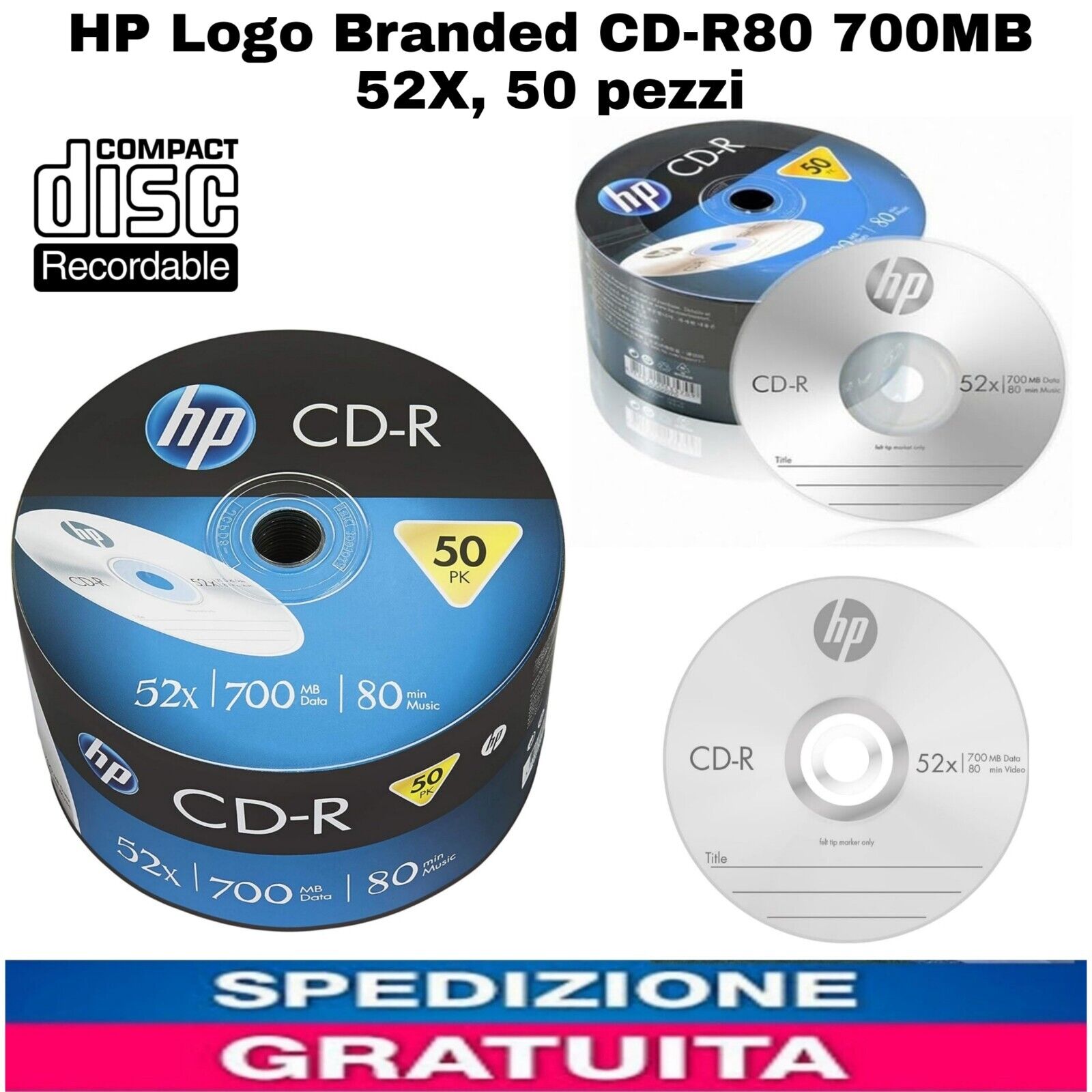 CD-R HP 700MB (80min)52x 50 Pezzi spindl Bulk, CD-R REGISTRABILI IN DATI E MUSIC
