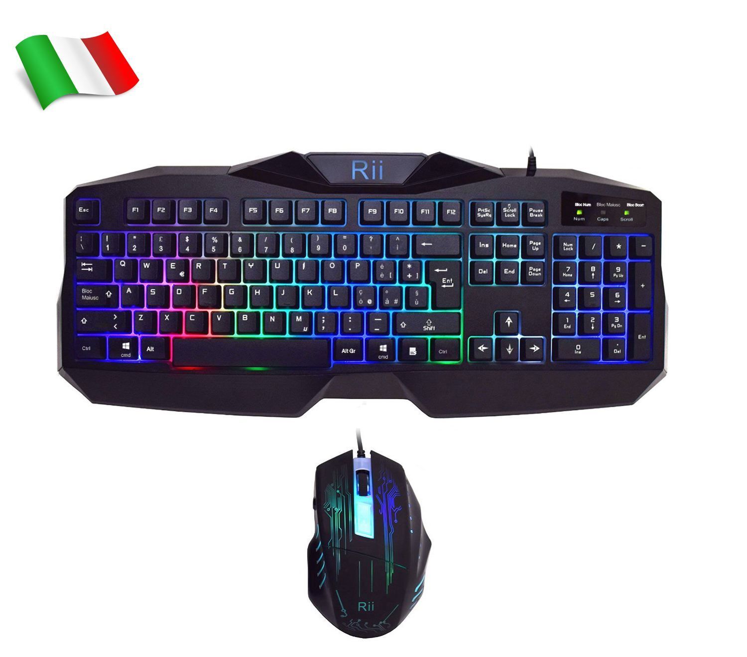 Rii Gaming RK400 - Set tastiera e mouse da gioco, retroilluminazione, cavo USB