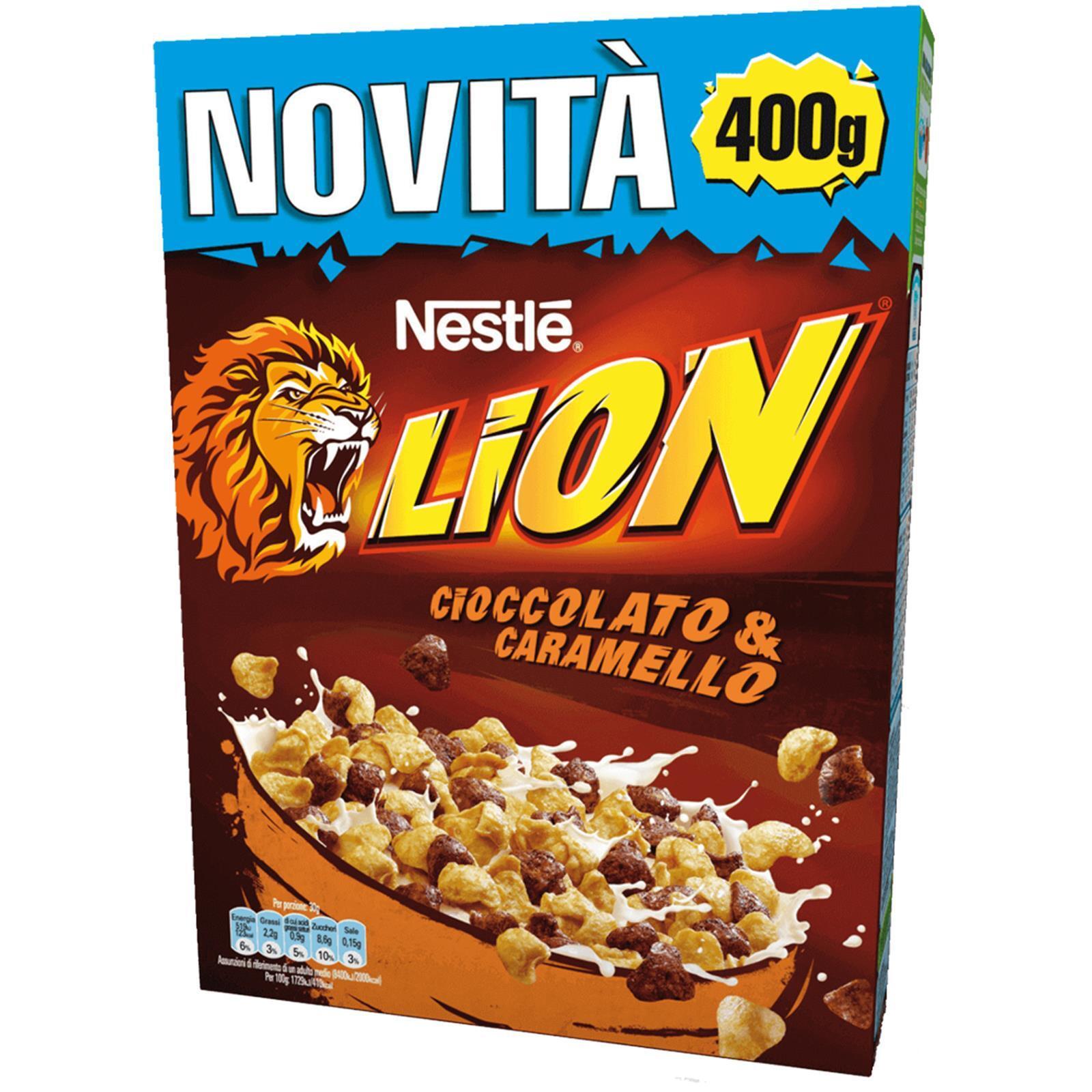 CEREALI NESTLE' LION CIOCCOLATO E CARAMELLO 400 GR COLAZIONE LATTE BAMBINI