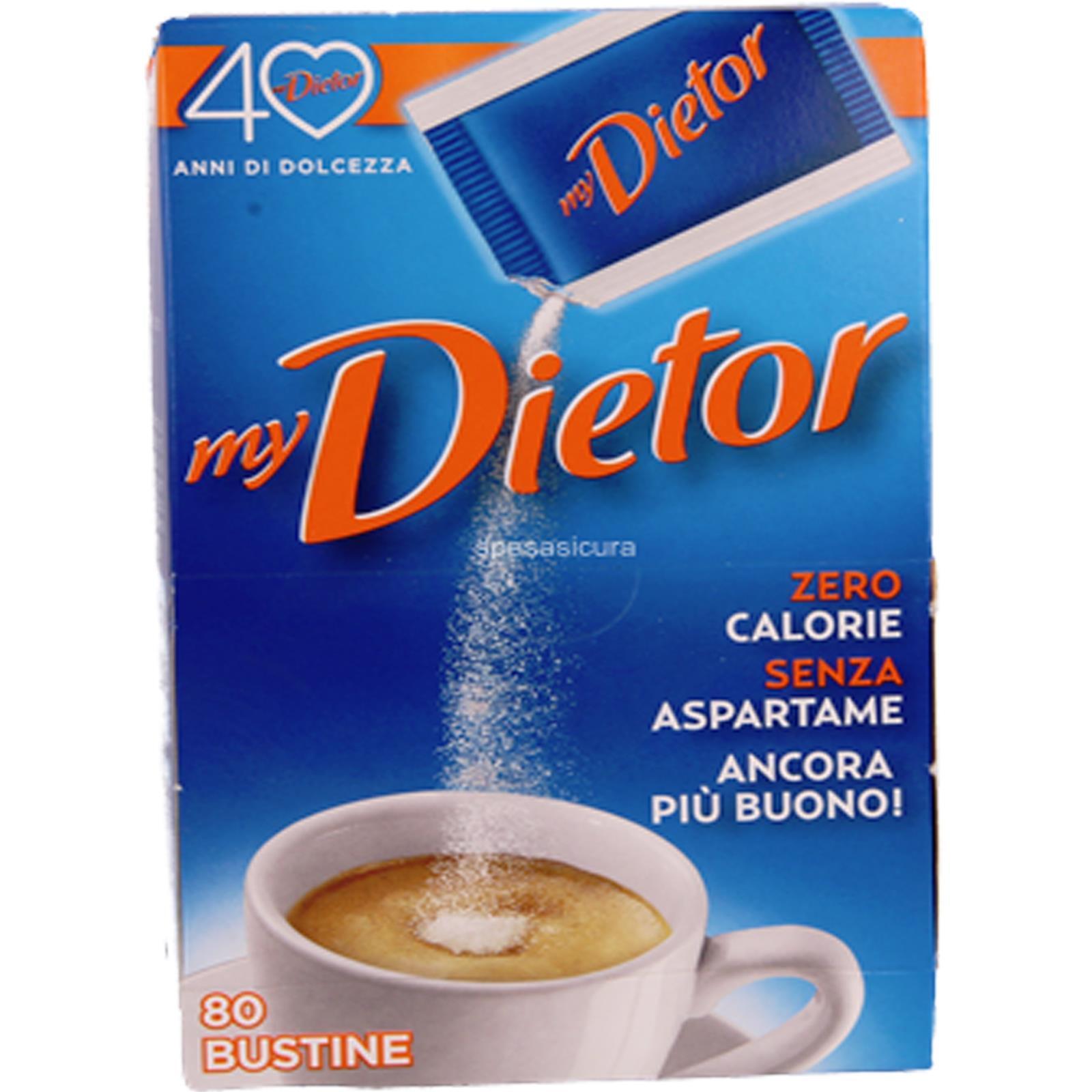 DOLCIFICANTE DIETOR 80 BUSTINE BOX PACCO ZERO CALORIE ZUCCHERO SENZA ASPARTAME
