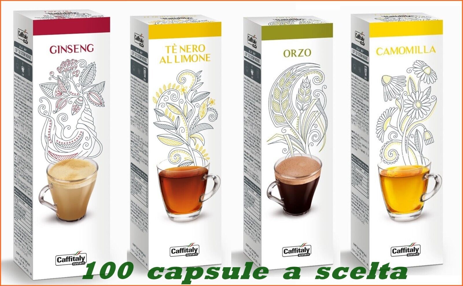 100 capsule CAFFITALY a scelta o mix: Tè NERO CAMOMILLA Orzo GINSENG The limone