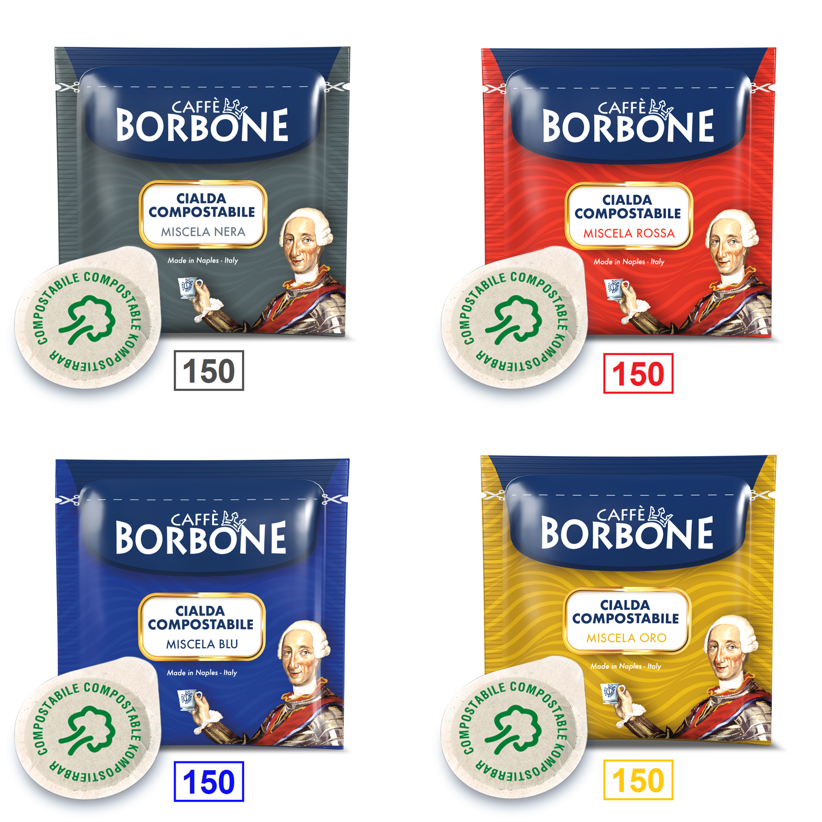 MIX 600 CIALDE CAFFÈ BORBONE - 150 MISCELA NERA - 150 ROSSA - 150 BLU - 150 ORO