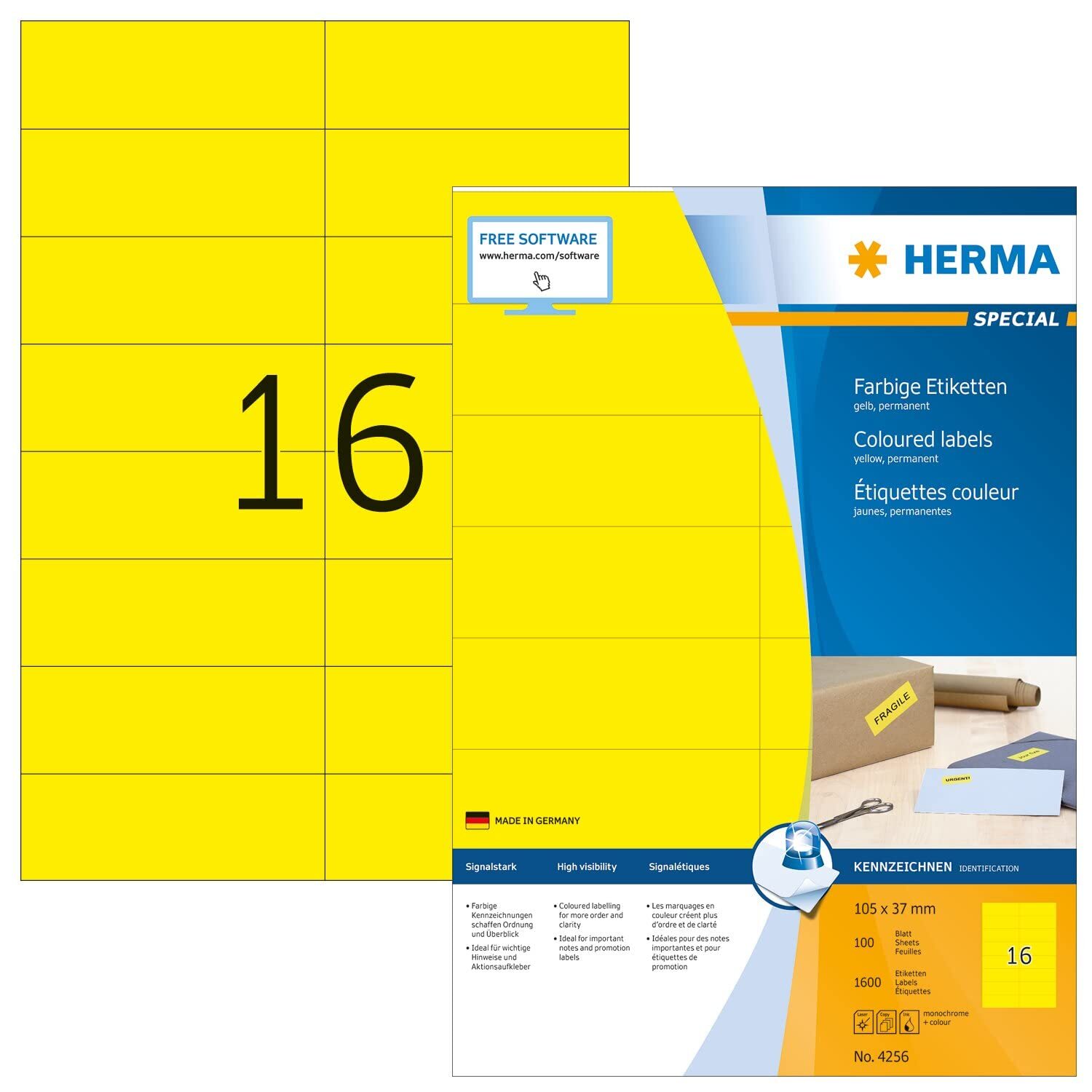 HERMA Self Adhesive Coloured Labels, 16 Labels Per A4 Sheet, 1600 Labels For Pri