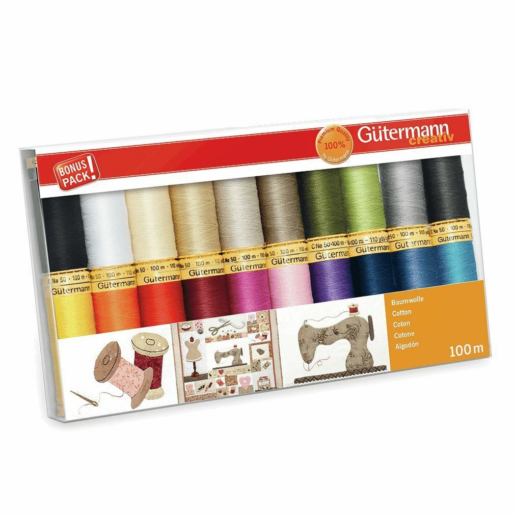 Gutermann 100% Cotone Naturale Filo Set 100m Mano E Macchina 20 Assortito Bobine