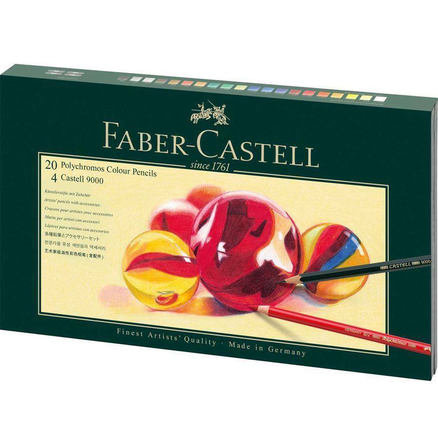 FABER CASTELL 20 POLYCHROMOS COLOUR PENCILS & 4 CASTELL 9000