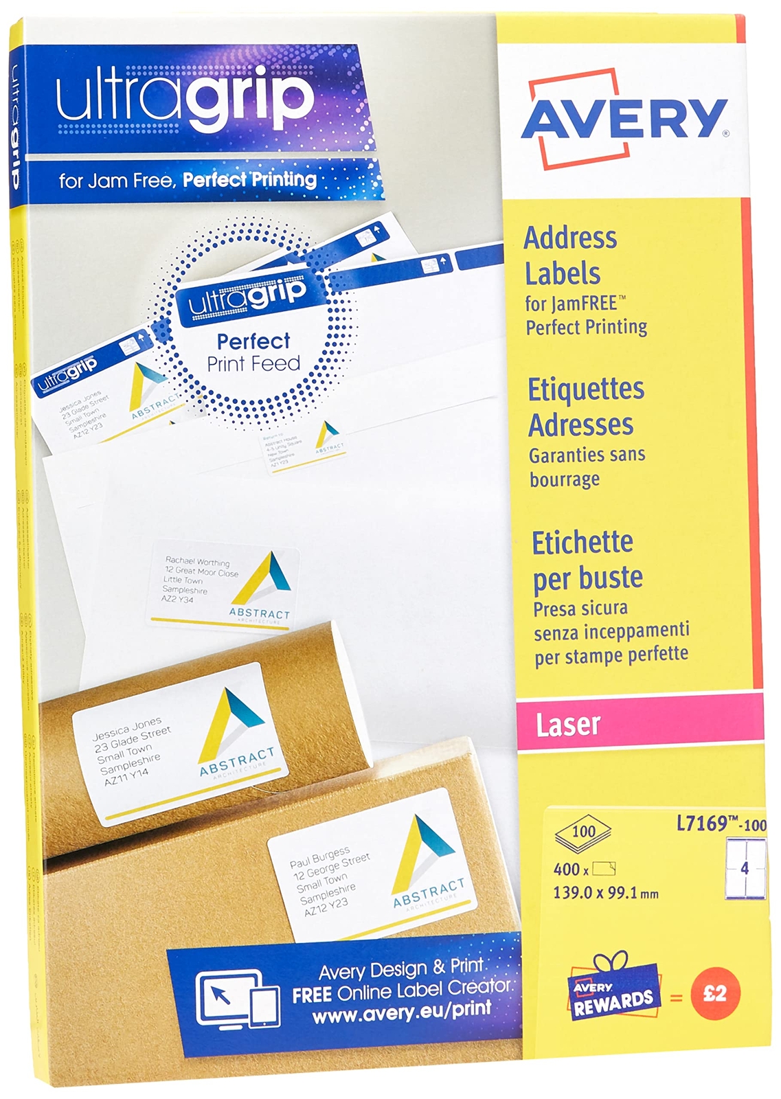 Avery L7169 Self Adhesive Parcel Shipping Labels, Laser Printers, 4 Labels Per A