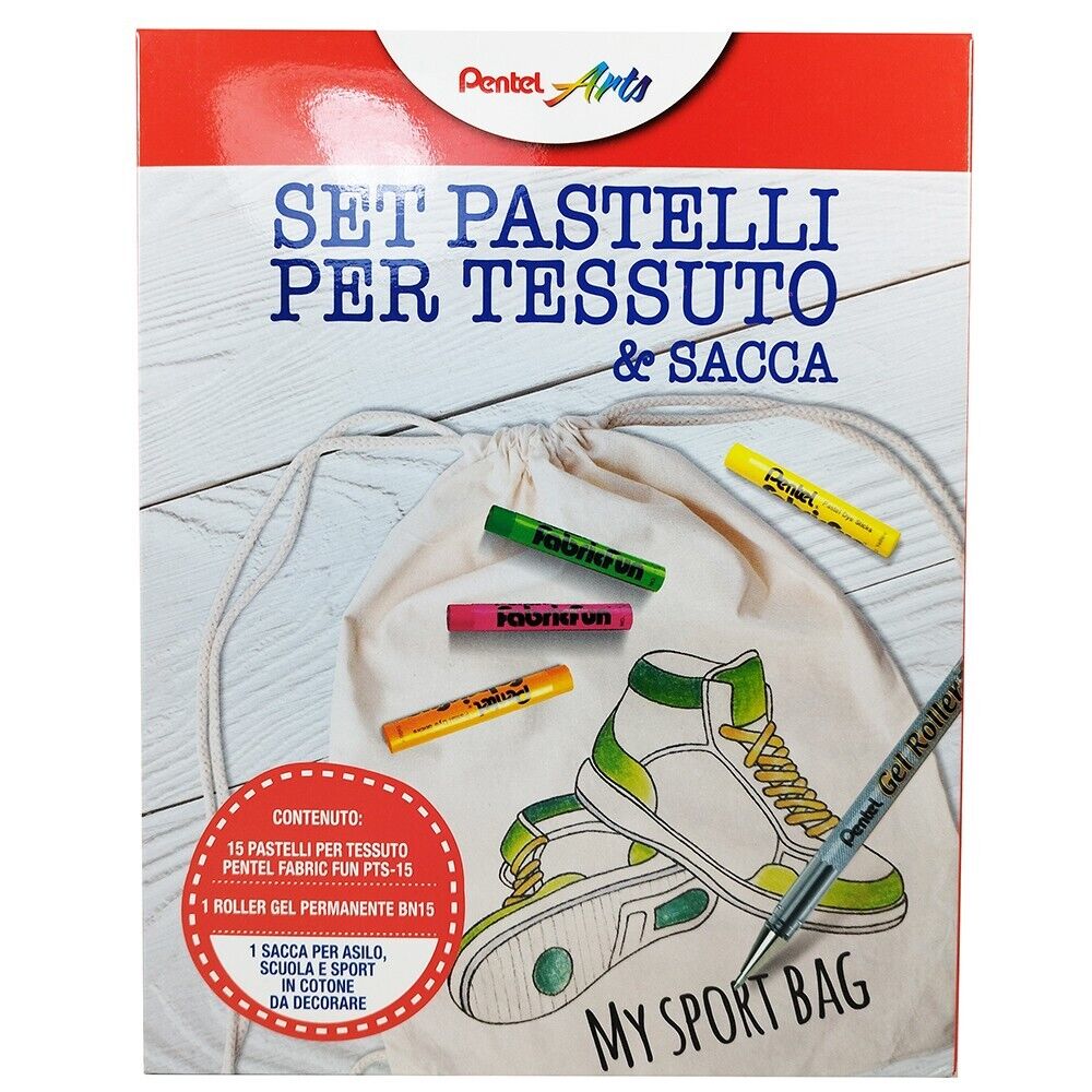 Set 15 Pastelli Per Stoffa Fabric Fun Sacca Cotone Roller Pentel Bambini 1291