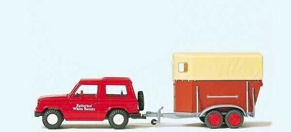 Preiser 33243 Ho Scala Mitsubishi Pajero W/Trailer " Bianco Bellezza Equitazione