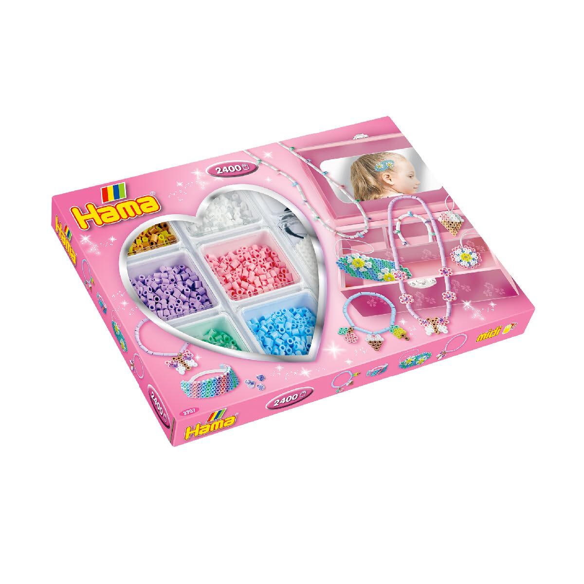 Hama Perlen 3707 Creative Box Accessories with Approx. 2,400 Colourful Midi Iron