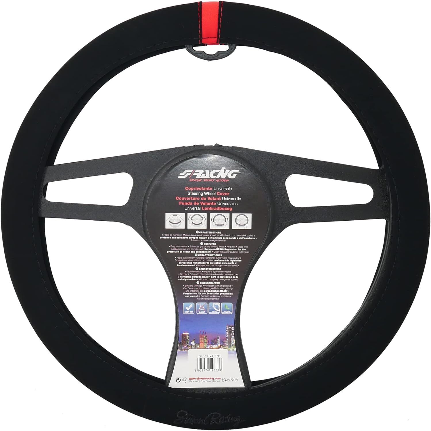 Coprivolante auto diametro 37-39cm Simoni Racing microfibra nera inserto rosso