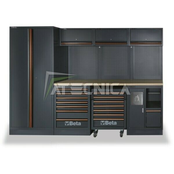 Combinazione arredo officina BETA C45PRO W piano legno carrello moduli armadio