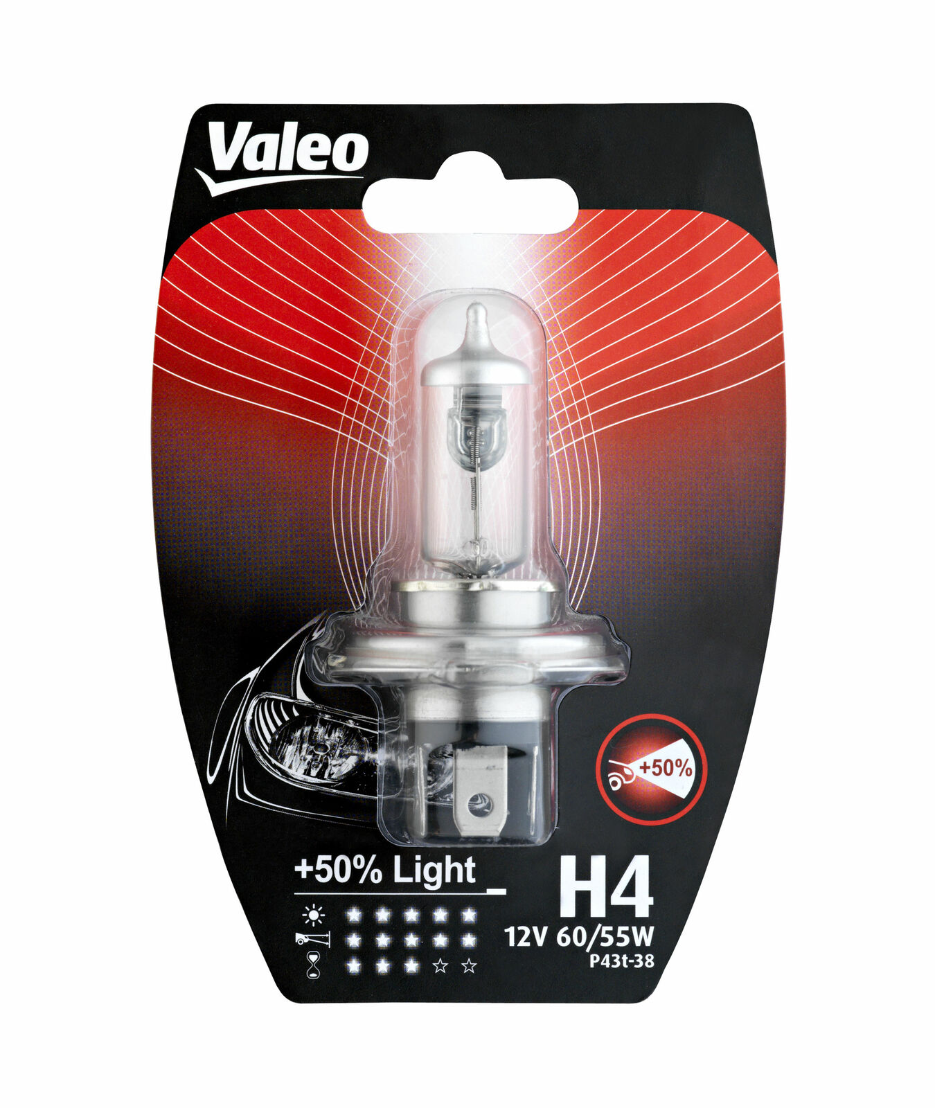 Lampadina H4 Alogeno 60/55 W 12 V - P43t-38 Blister 1 pz Valeo serie +50% Light