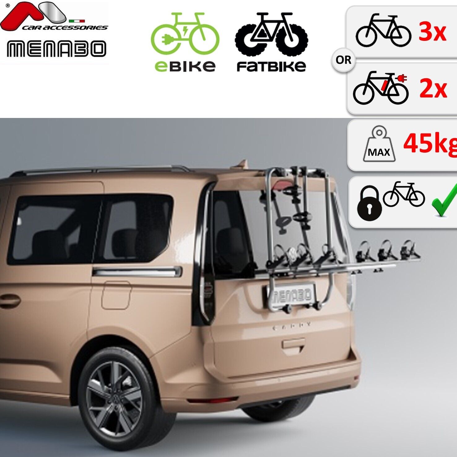 Portabici da portellone posteriore per VW CADDY V SB Maxi Caddy 21- 3 biciclette