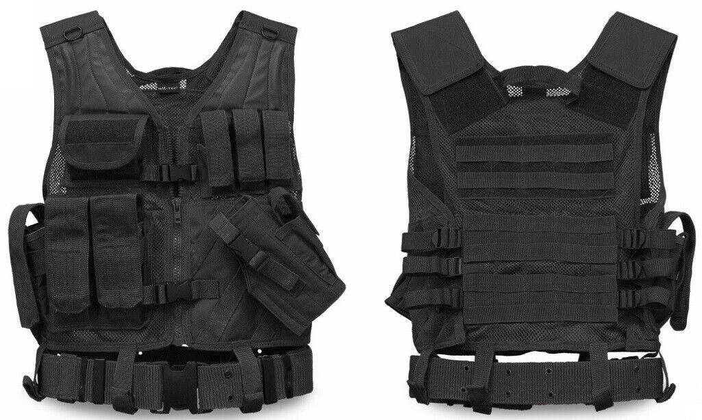MIL-TEC 10720002 GILET TATTICO USMC BLACK COMBAT VEST WITH BELT SOFTAIR MILITARE