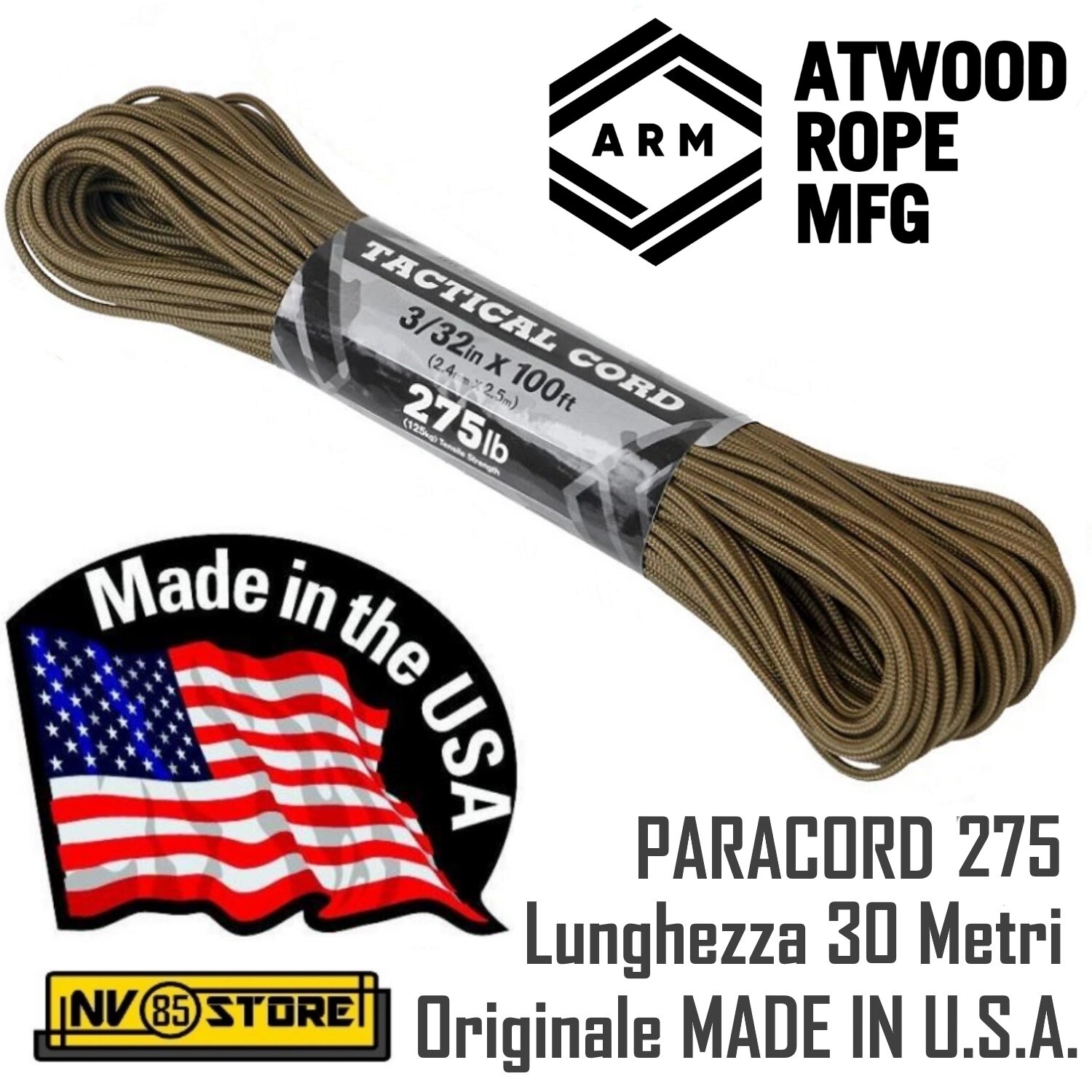 Corda PARACORD 275 AtWood Rope MFG 30 Metri 125 Kg Original Made in USA Coyote