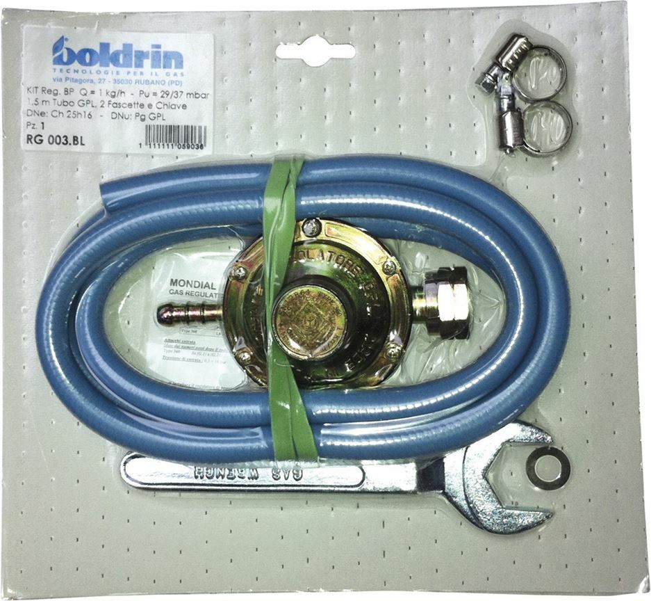 Kit Regolatore Tubo gas 1.5mt Chiave per bombola Fascette di fissaggio Boldrin