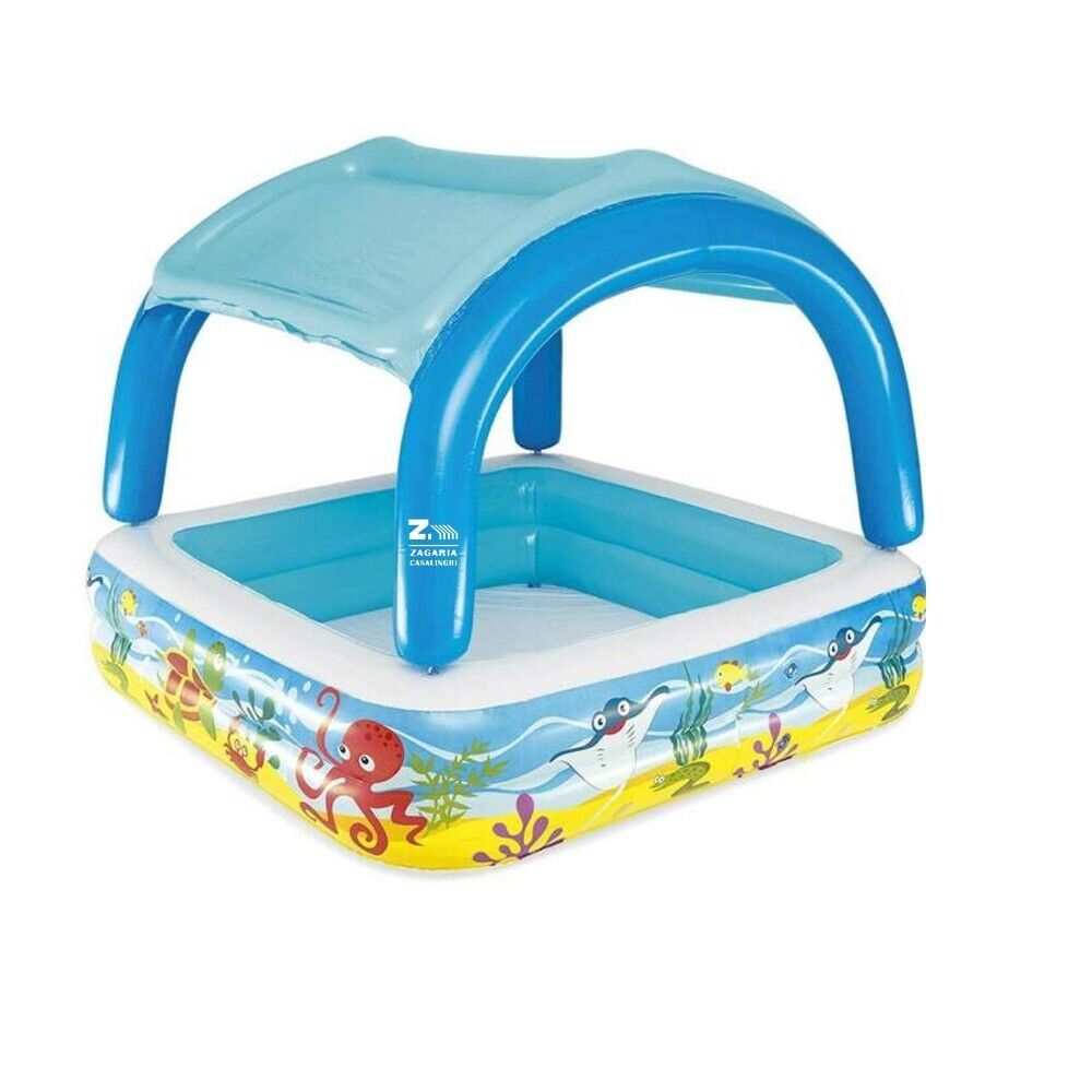 PISCINA GONFIABILE PESCI TROPICABILI CON FONDO GONFIABILE E COPERTURA 140X140X11