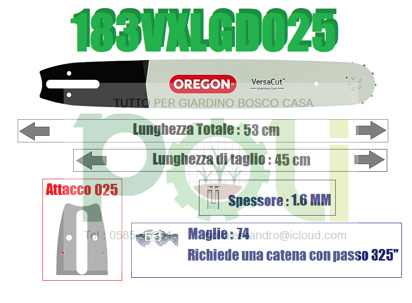 BARRA OREGON VERSACUT 183VXLGD025 45CM PASSO.325 x SPESSORE 1,6mm x 74 MAGLIE