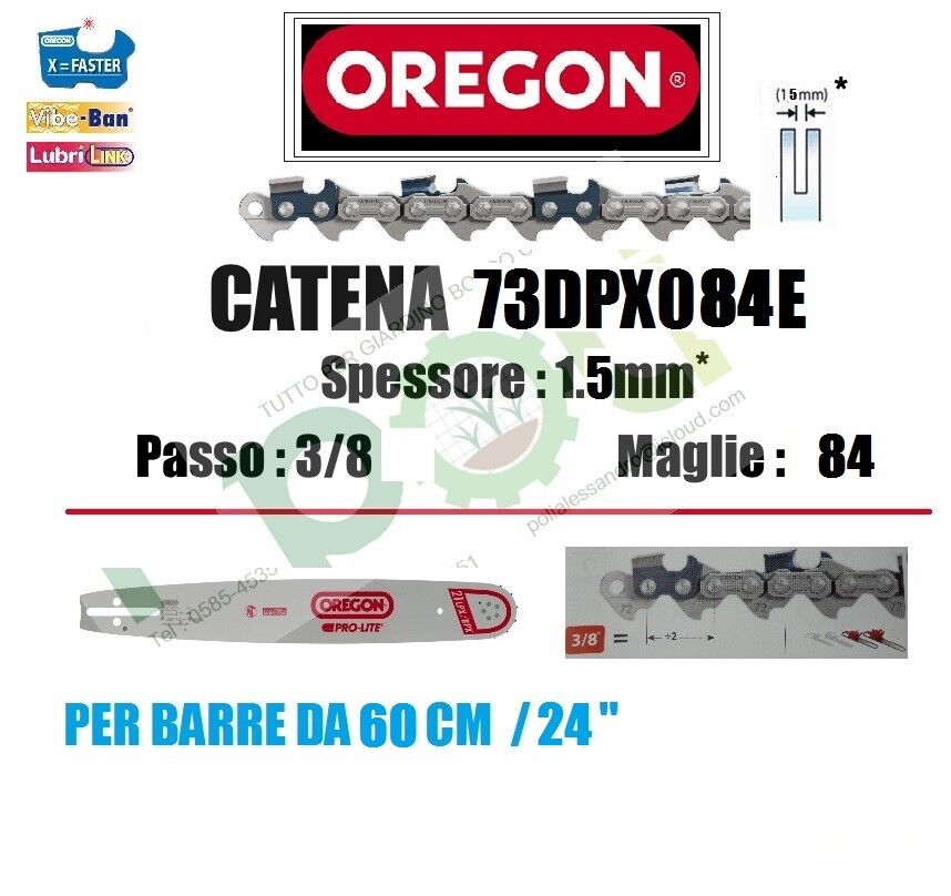 CATENA MOTOSEGA OREGON 73DPX084E - PASSO 3/8 x SPESSORE 1.5mm x 84 MAGLIE