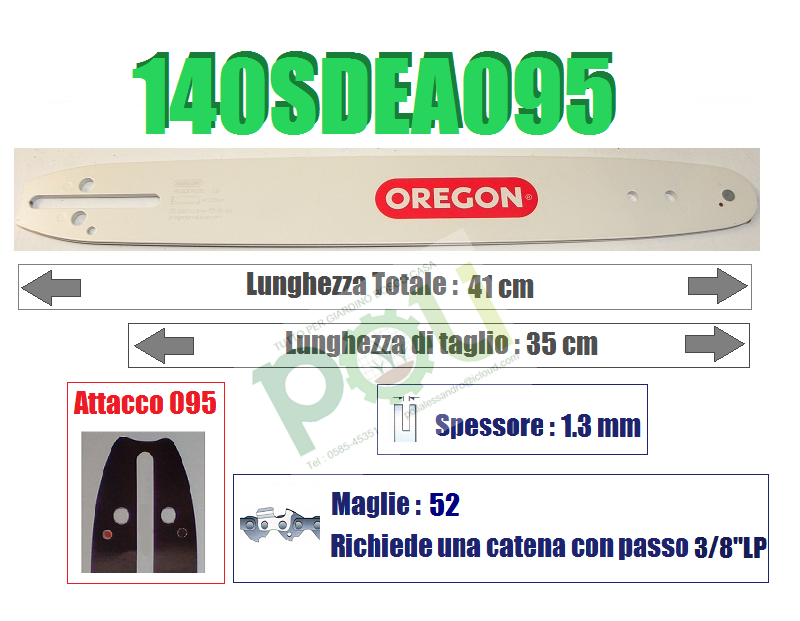 BARRA LAMA MOTOSEGA OREGON 140SDEA095  PASSO 3/8'' LP  SPESSORE 1.3mm  52 MAGLIE