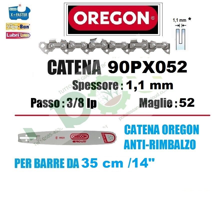 CATENA MOTOSEGA OREGON 90PX052 PASSO 3/8'' SPESSORE 1.1 mm 52 MAGLIE