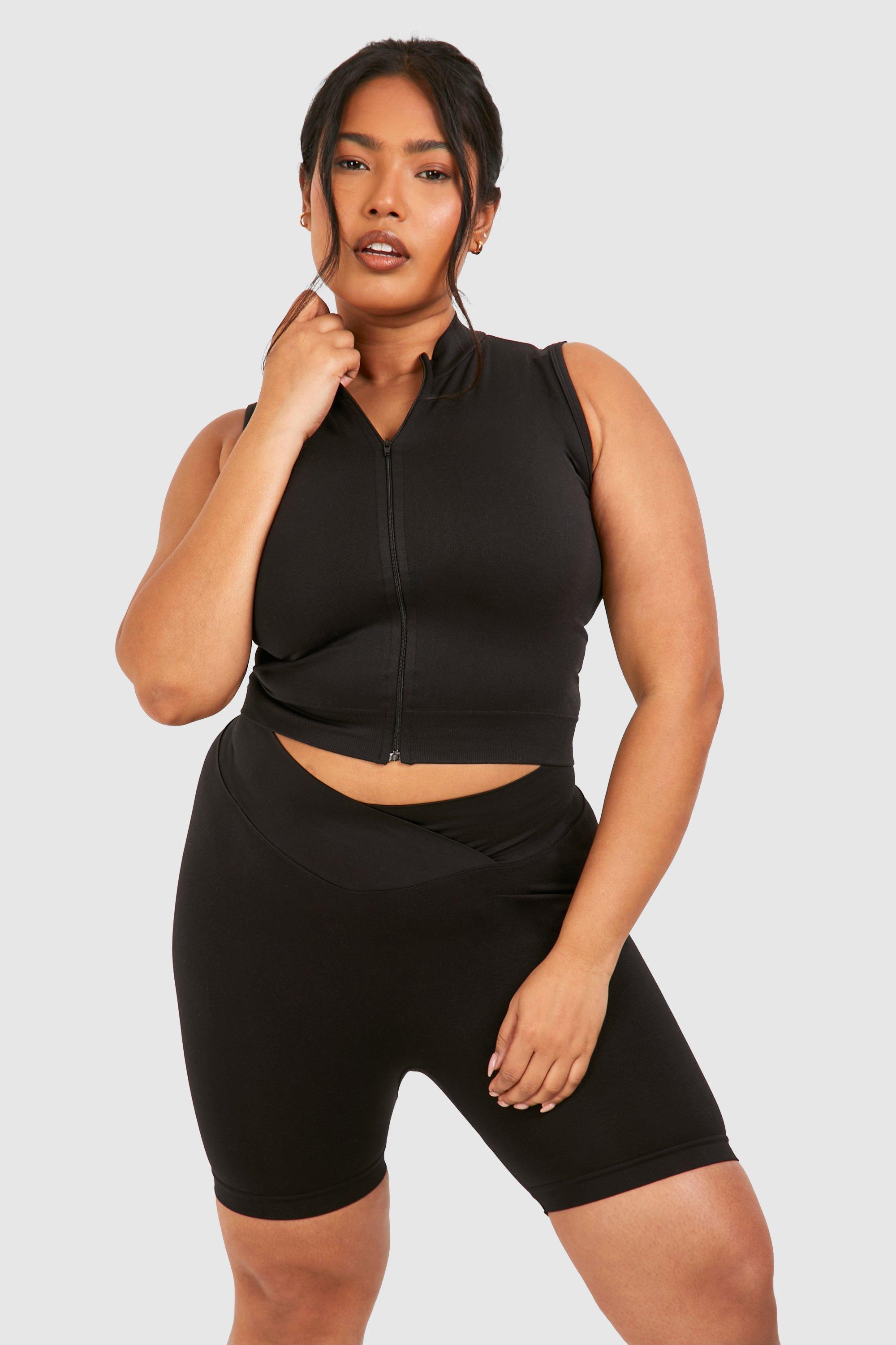 Plus Seamless High Neck Zip Up Crop Top, Nero