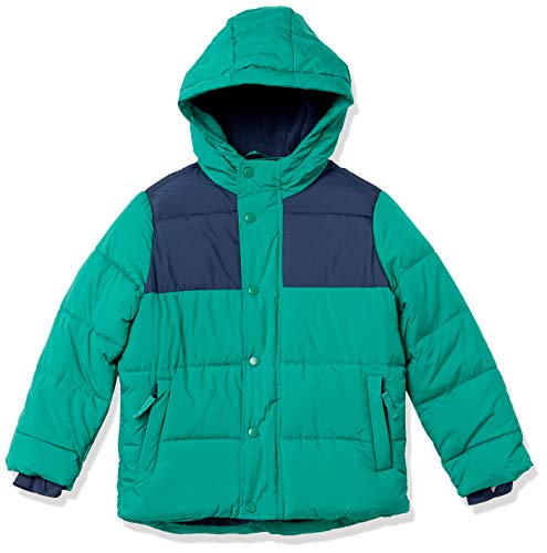 Amazon Essentials Piumino Pesante Con Cappuccio Bambini E Ragazzi, Blu Marino Verde Color Block, 6-7 Anni
