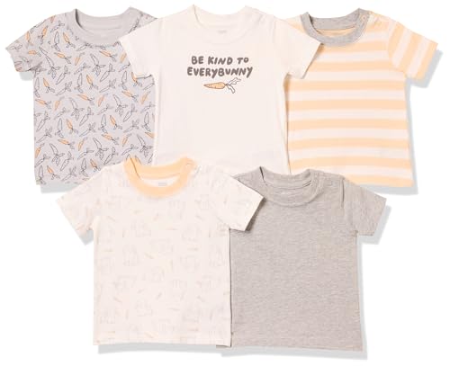 Amazon Essentials T-Shirt A Maniche Corte Bimbo, Pacco Da 5, Arancione Righe Da Rugby/Bianco Sporco/Conigli/Grigio Puntinato/Grigio Scuro Carrots, Pre