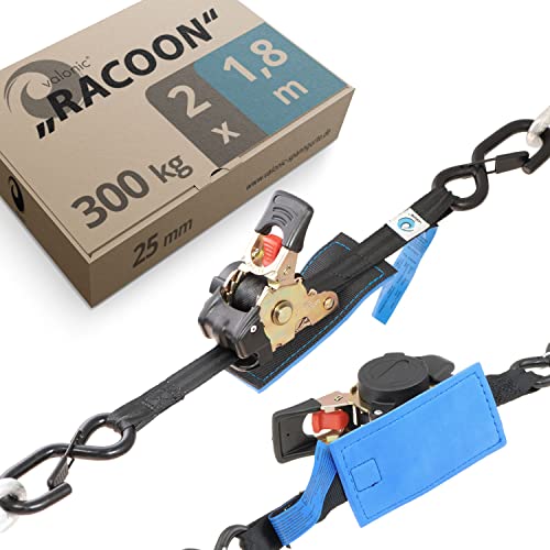 Valonic Racoon- Cinghie Di Fissaggio Automatico, 1,8M - 2 Pezzi, Con Gancio, Con Cricchetto, Imbottito, En-12195-2, 300 Kg, Nero - Per Moto, 25Mm