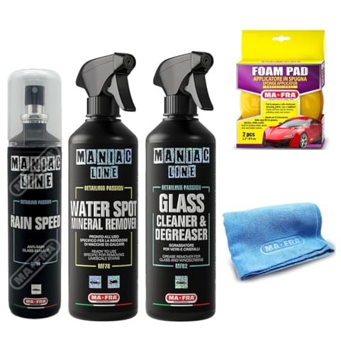 Hitopseller Kit Mafra Maniac Line Completo Rainspeed + Water Spot Mineral Remover + Glass Cleaner & Degreaser + Foam Pad + Panno Polishing Cloth Crea