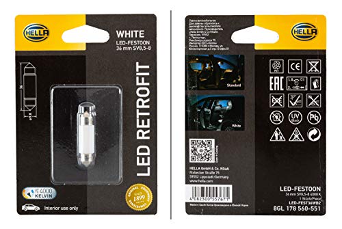 Hella 8Gl 178 560-551 Lampadina, Led, Led Retrofit, 12V, 1W, 4000K, Tipo Zoccolo Sv8.5-8, Blister, Quantità 1
