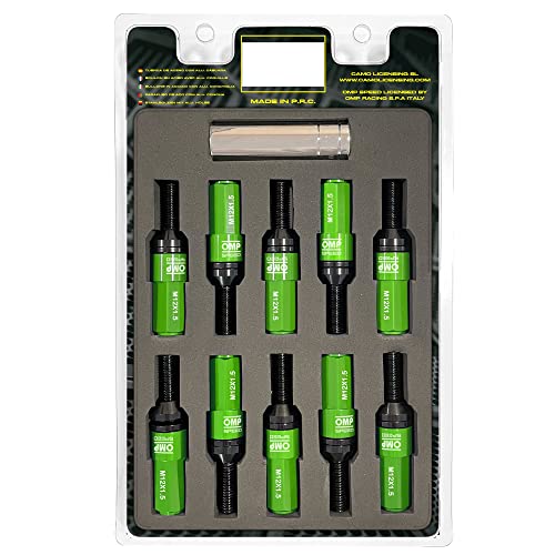 Omp Speed Set 20 Viti A Ruota Nere Con Metrica M12X1.5 Chiave Da 17-19 Lunghezza Filettata Da 28 Mm Con Protezione Verde In Alluminio 7075 + Din 12,9