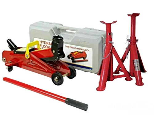 Kit Cric Crick Martinetto Idraulico Sollevatore Per Auto Portata Max 2T Con Coppia Di Cavalletti Portata Max 3 Ton Per Auto Garage
