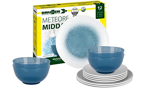 Brunner 0830148N.C1X Set Stoviglie Da Campeggio Per 4 Persone, Midday Meteor Azur, 12 Pezzi