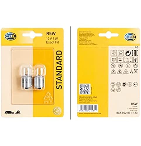 Hella 8Ga 002 071-123 Lampadina, R5W, Standard, 12V, 5W, Tipo Zoccolo Ba15S, Blister, Quantità 2